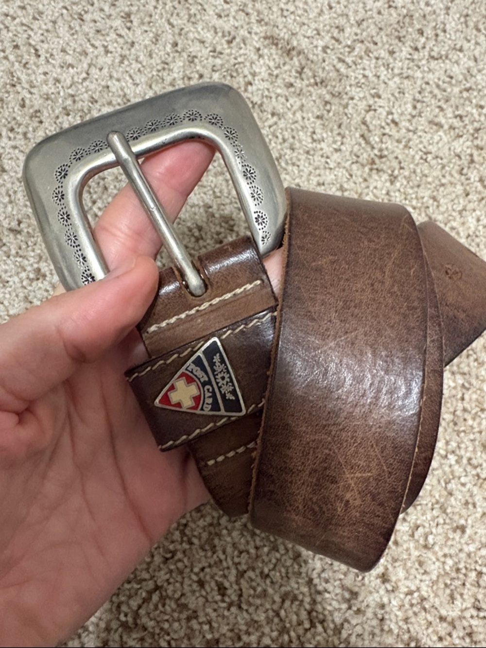 Brown Leather Men's Belt with Swiss Cross Accent